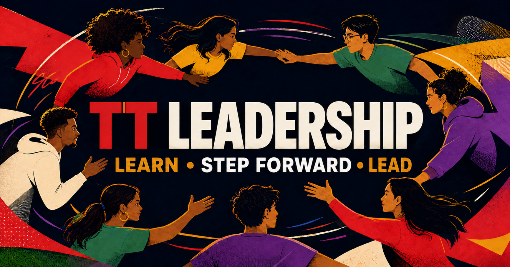 A diverse illustrated group of Trinidad and Tobago young people around the words TT Leadership, Learn, Step Forward, Lead